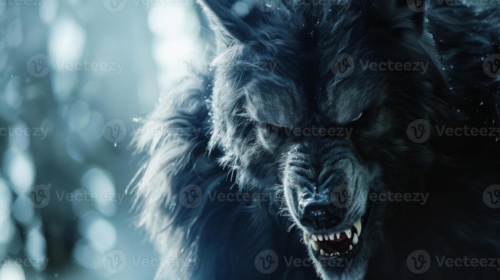 Intense werewolf creature with fangs baring in a dark, mysterious setting photo