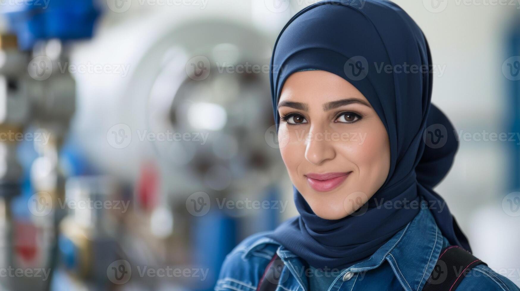 Female plumber in hijab portrays professionalism and confidence with a smile in an industrial setting photo
