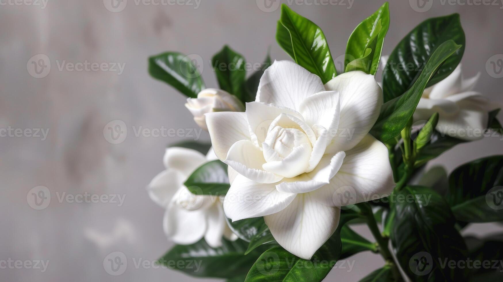 White gardenia flower with green leaves in nature, showcasing beauty and botanical elegance photo