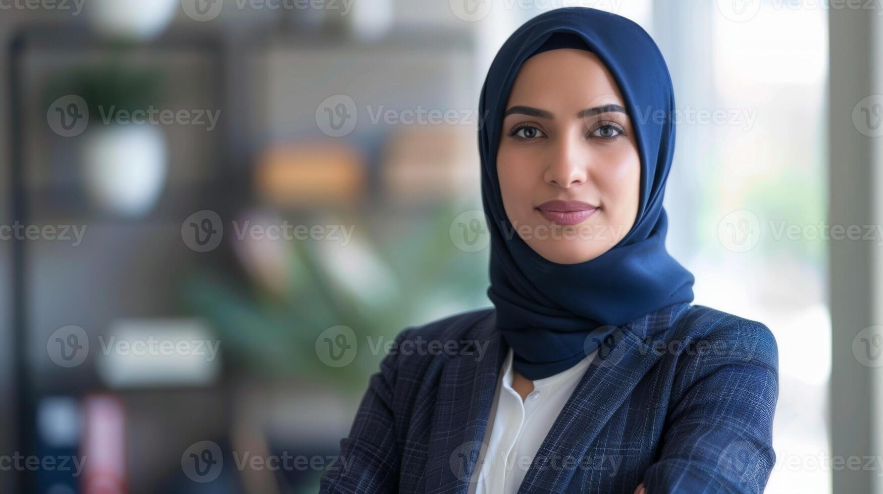 profesional mujer en hijab retrata confianza como un Finanzas analista en oficina ajuste foto