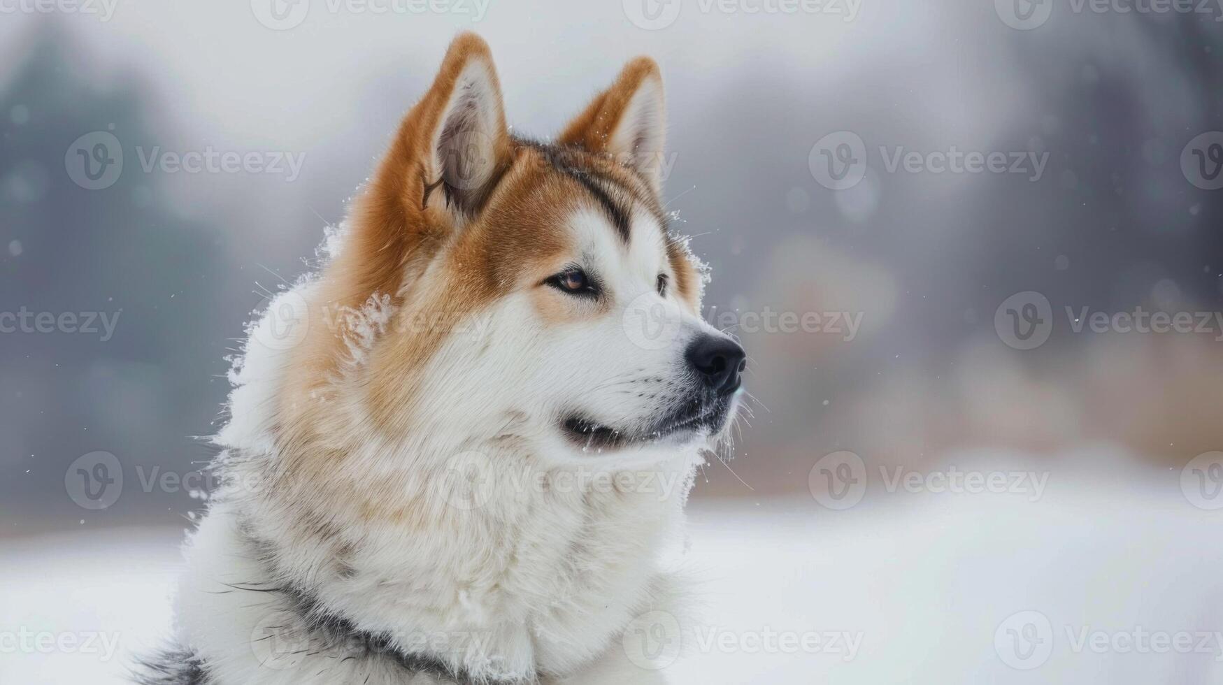 Portrait of a majestic Akita dog in the snow displaying fur, winter beauty, and a calm gaze outdoors photo