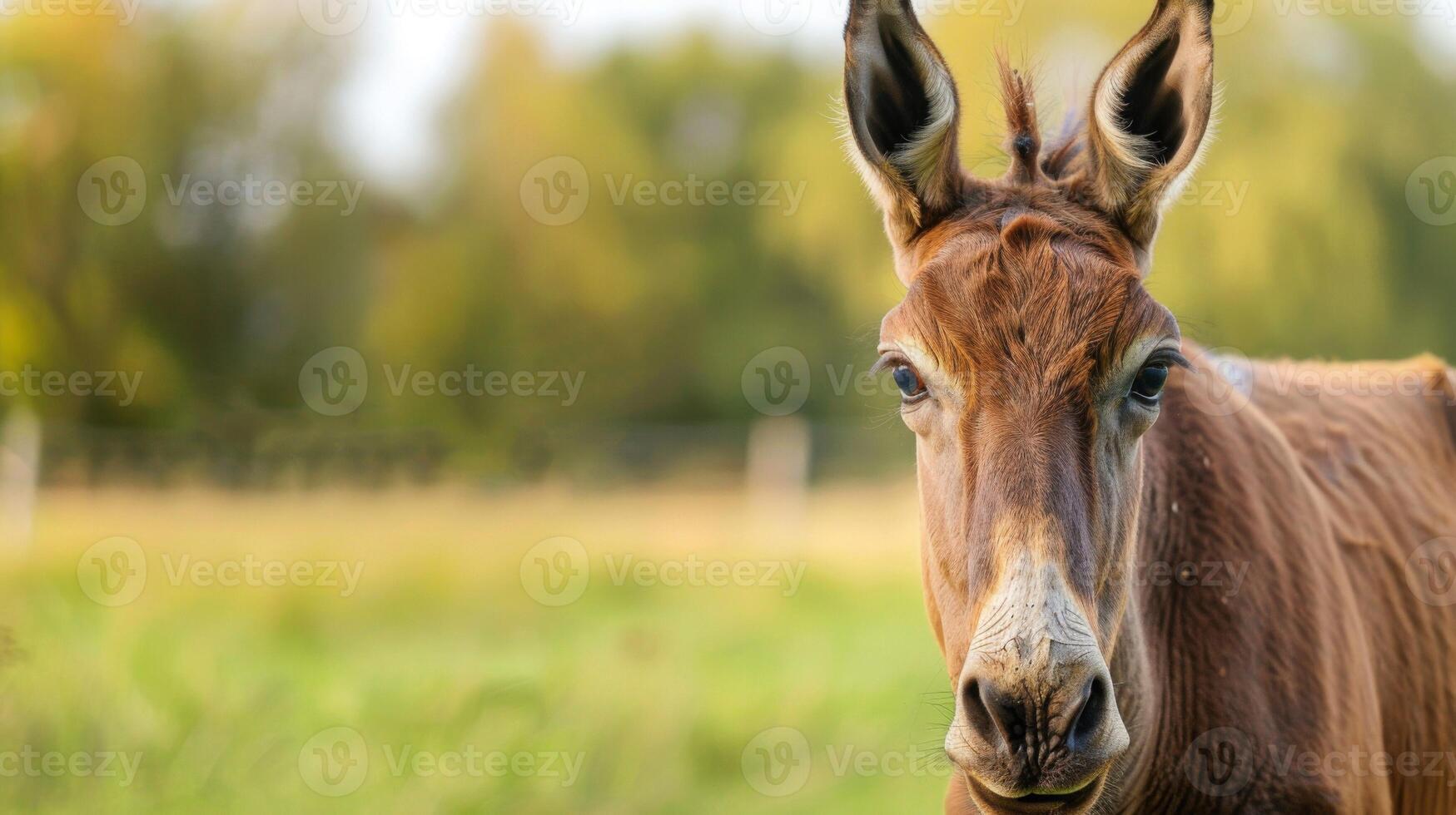 Close-up portrait of a brown mule with attentive ears and calm eyes on the farm photo