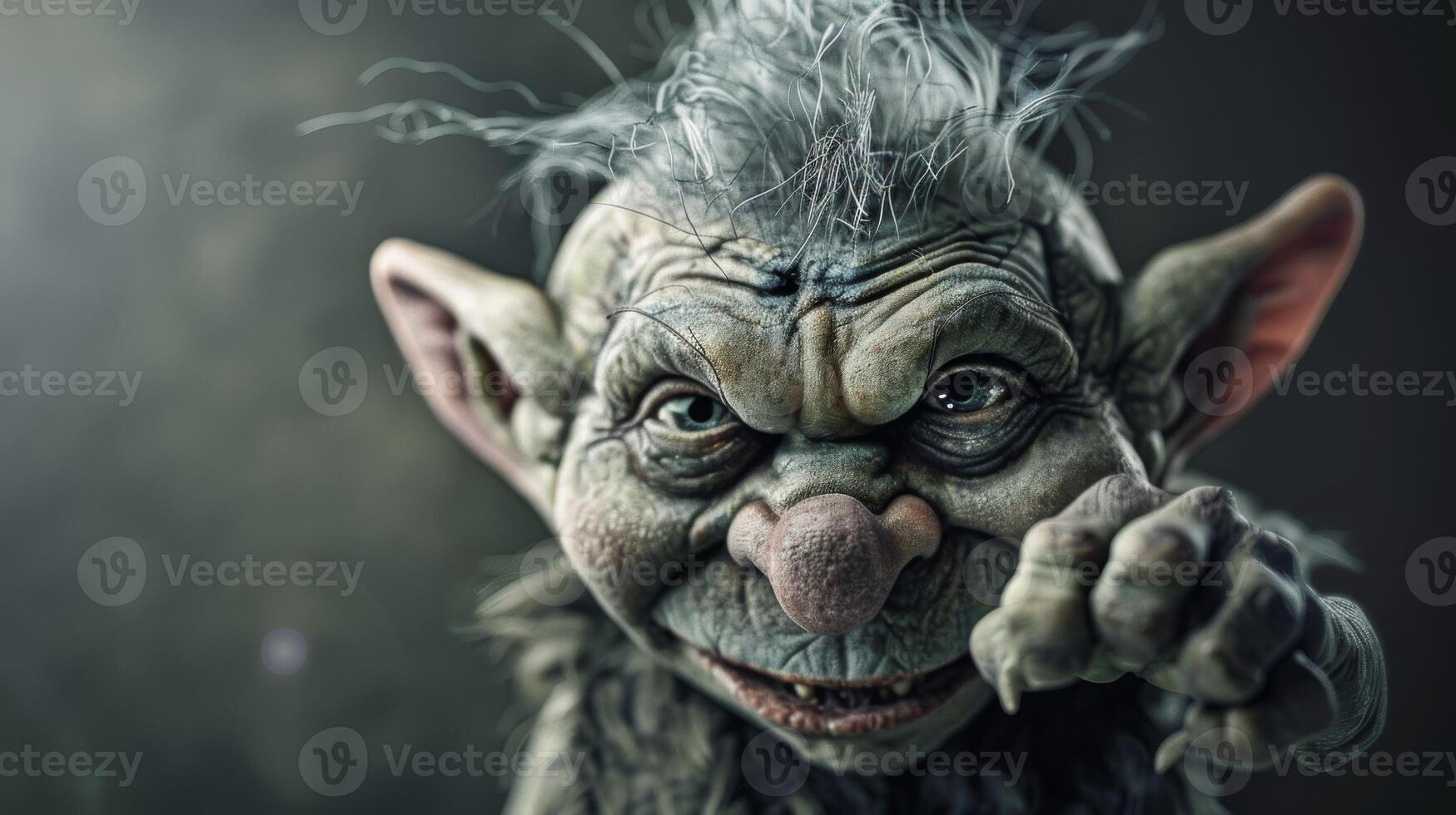 Troll creature with a scary face and green skin portrays mythological folklore photo