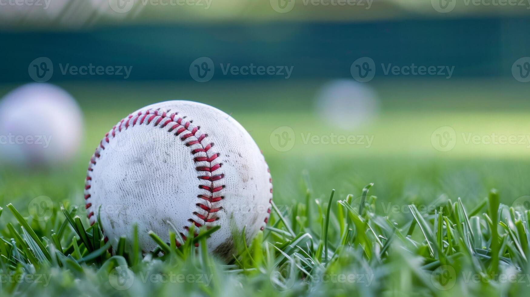 de cerca ver de un béisbol en césped campo con rojo puntadas y borroso antecedentes foto