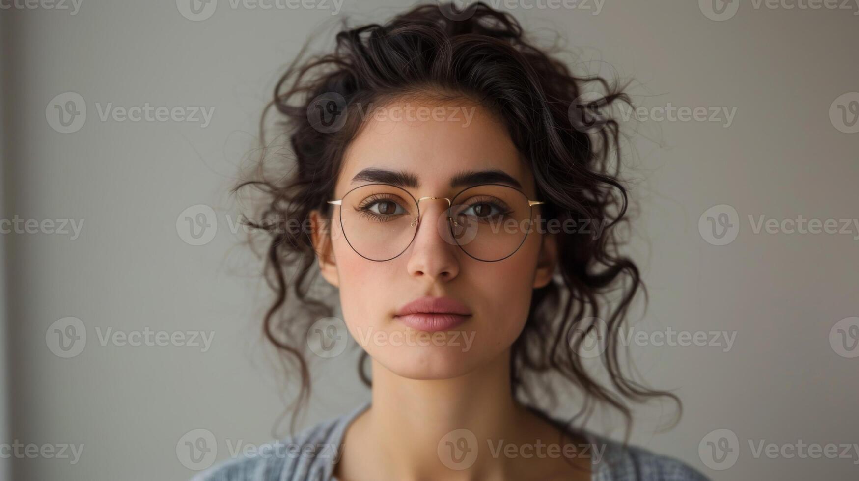 Portrait of a serious woman with glasses and curly hair showing natural beauty and a thoughtful gaze photo