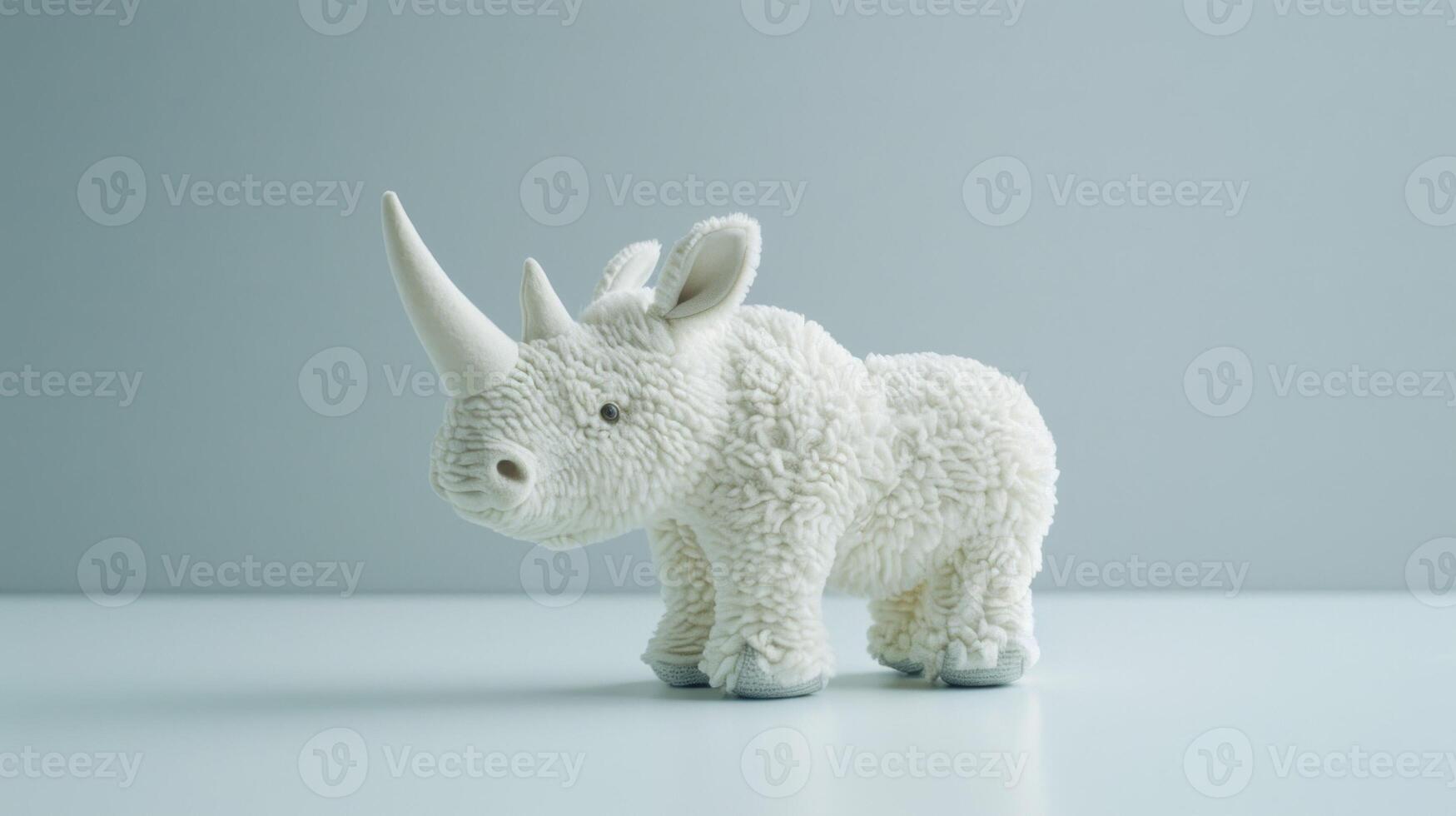 Fluffy white rhinoceros plush toy with a soft texture and playful appeal photo
