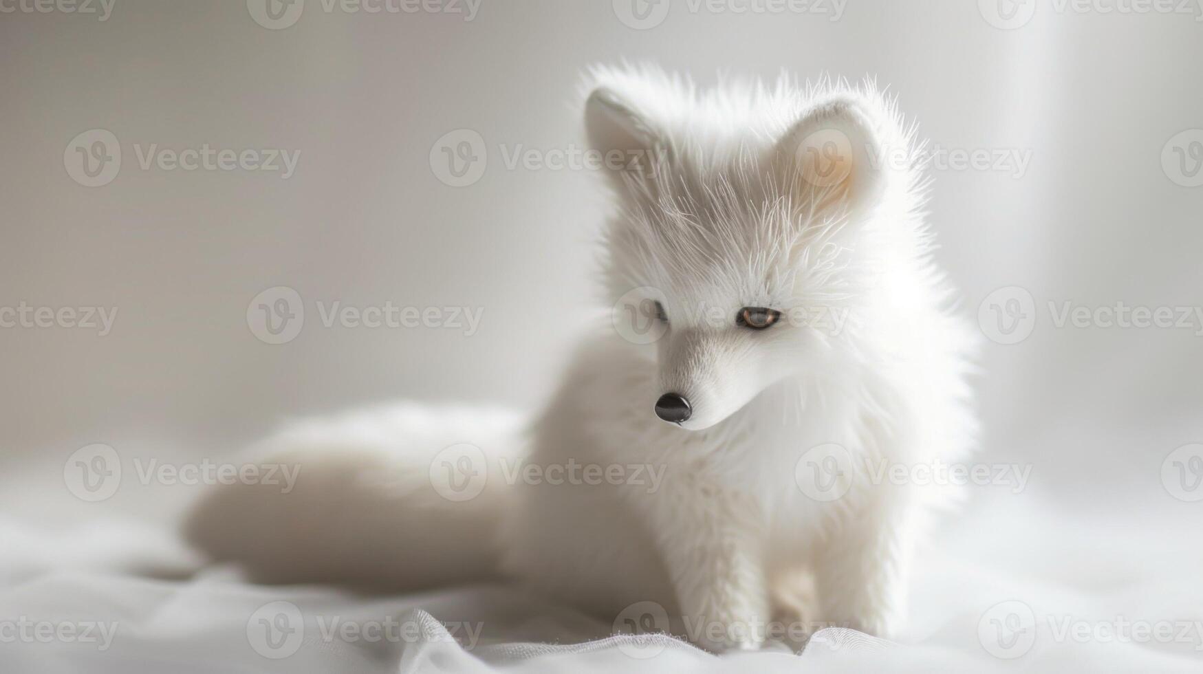 White fluffy fox toy with soft fur and plush texture as a cute interior decoration photo