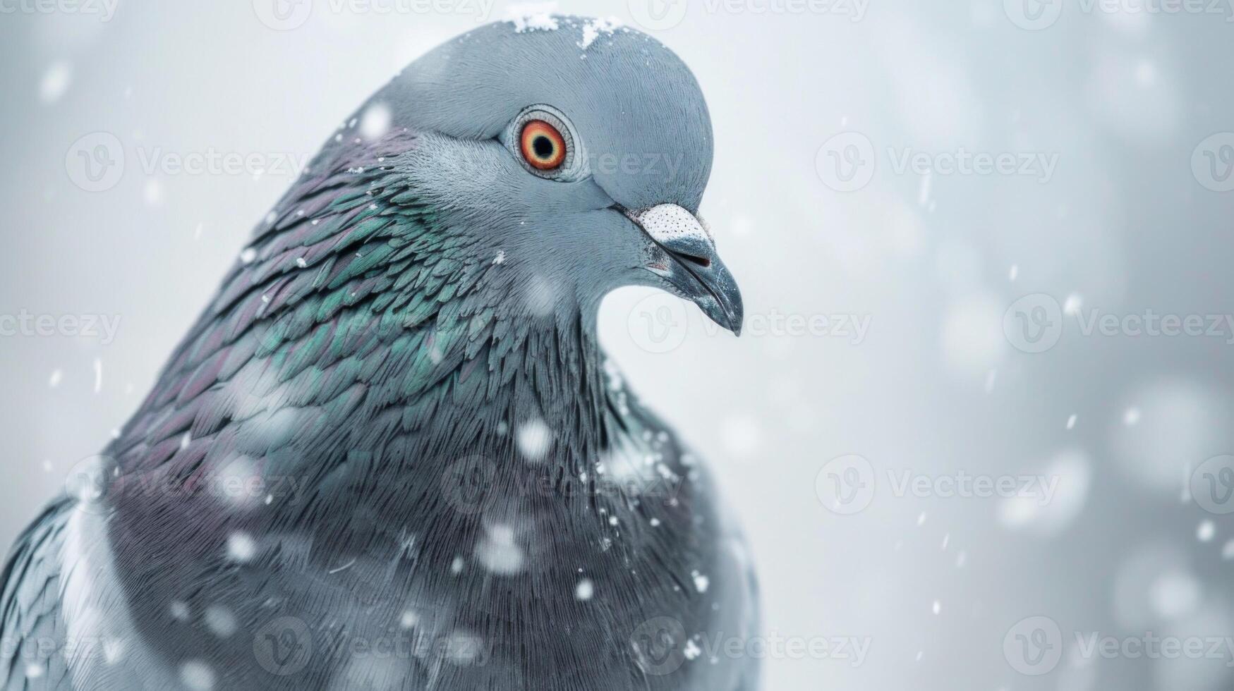 Close-up portrait of a pigeon in snow with detailed feathers and vibrant eye feathers in a winter nature setting photo