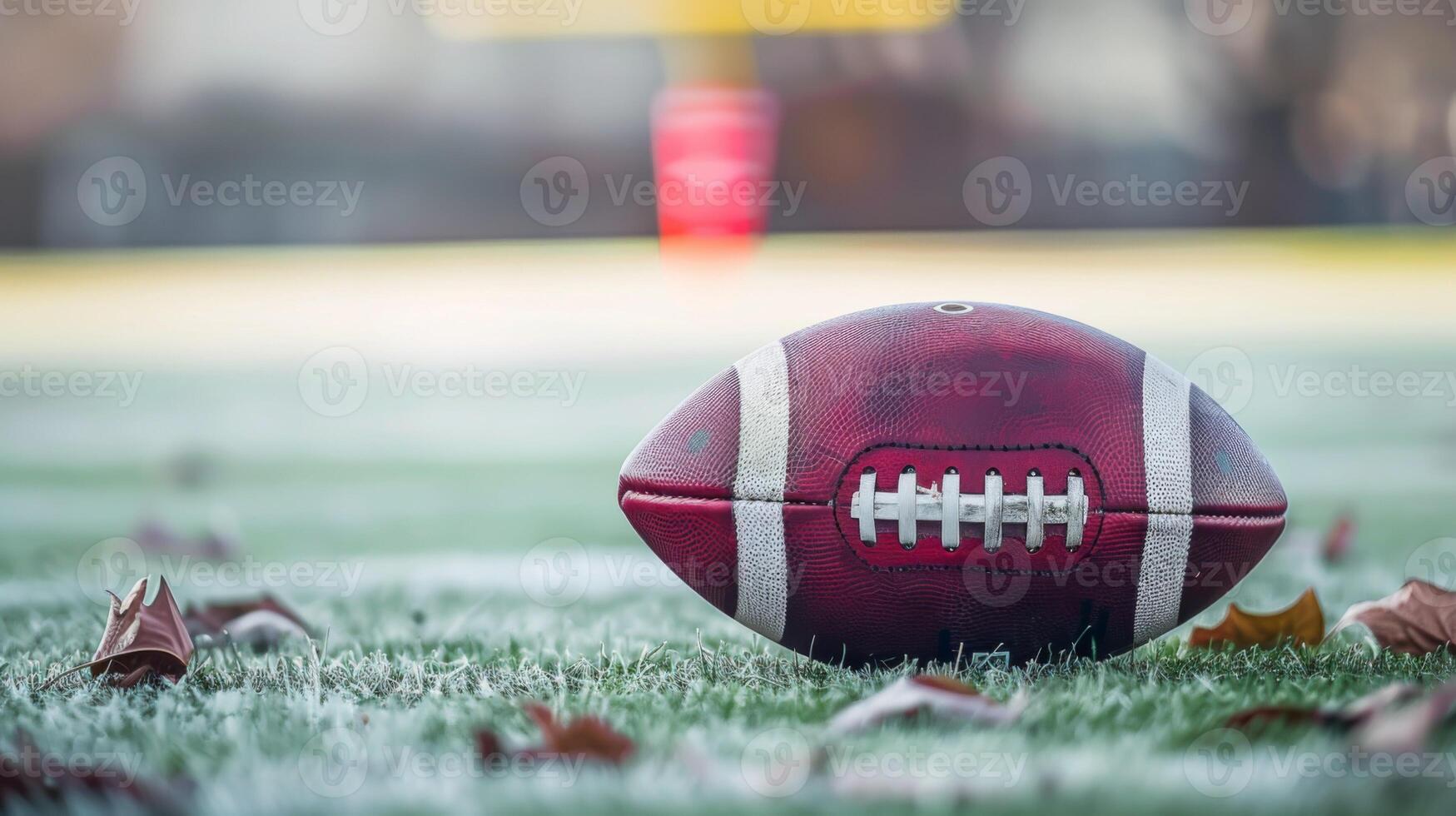 Closeup of an American football on frosted grass with autumn leaves on a game field photo