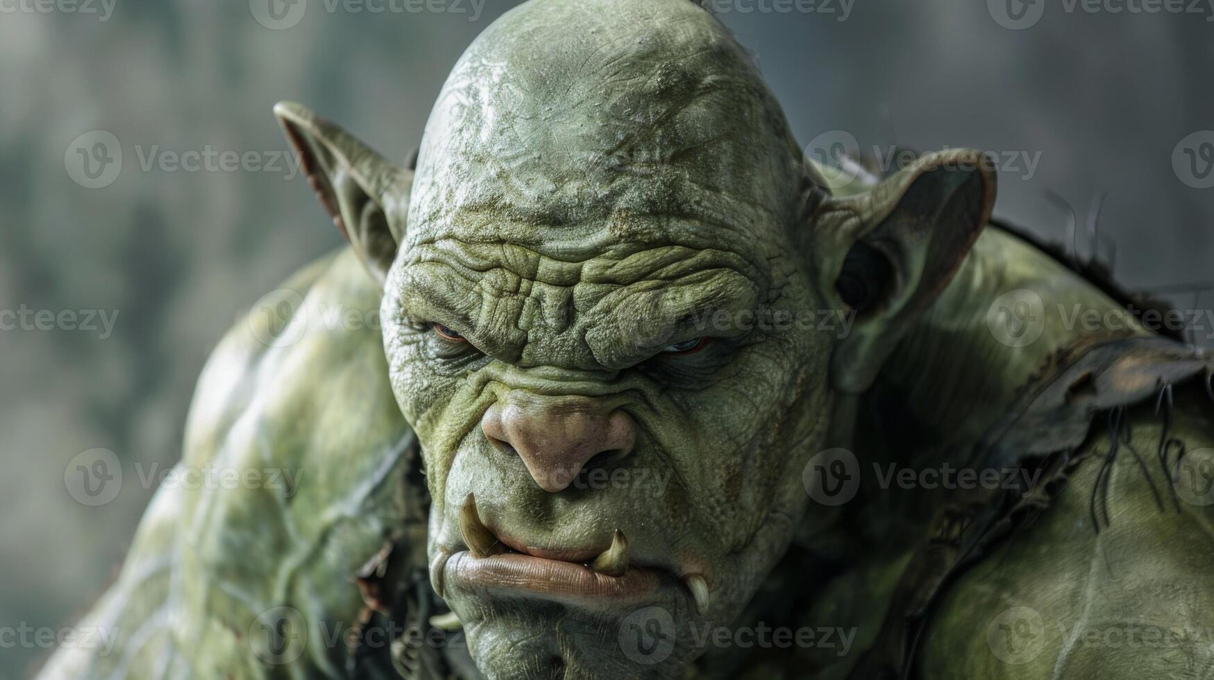 Intense ogre portrait showcasing mythical creature with tusks and wrinkled green skin photo