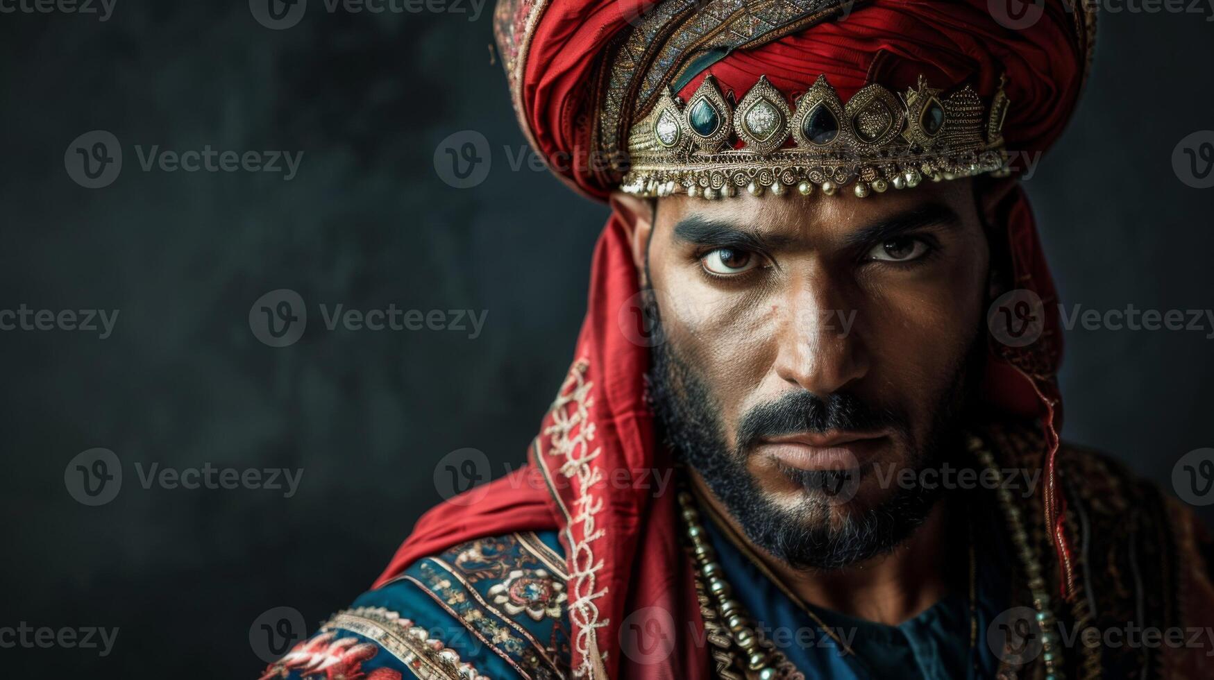 Majestic portrait of a Mamluk warrior in traditional costume with an intense gaze and ornate turban photo