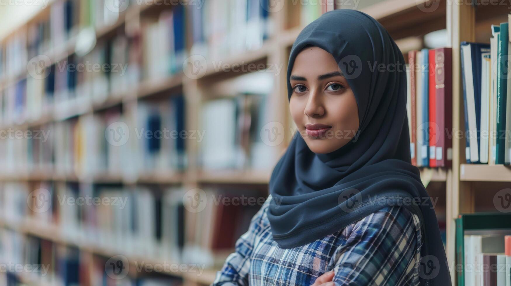 Librarian in hijab smiling among library shelves with books displays education and diversity photo