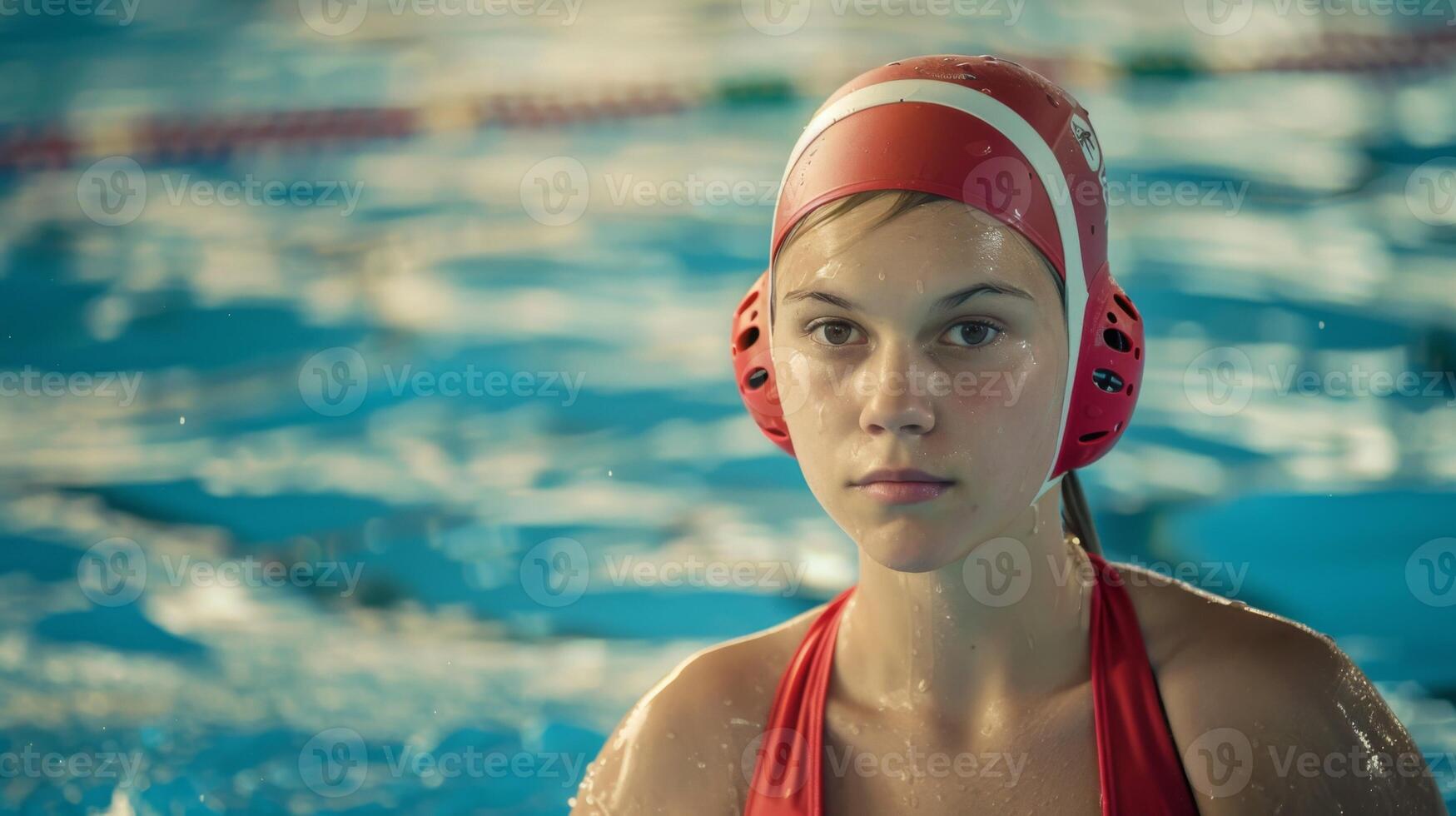 Female water polo athlete with cap and ear guards in the pool showing focus and determination during competition photo