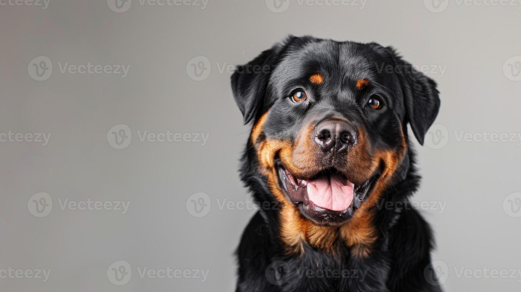Portrait of a friendly Rottweiler dog with a black and tan coat looking alert and cheerful in a studio setting photo