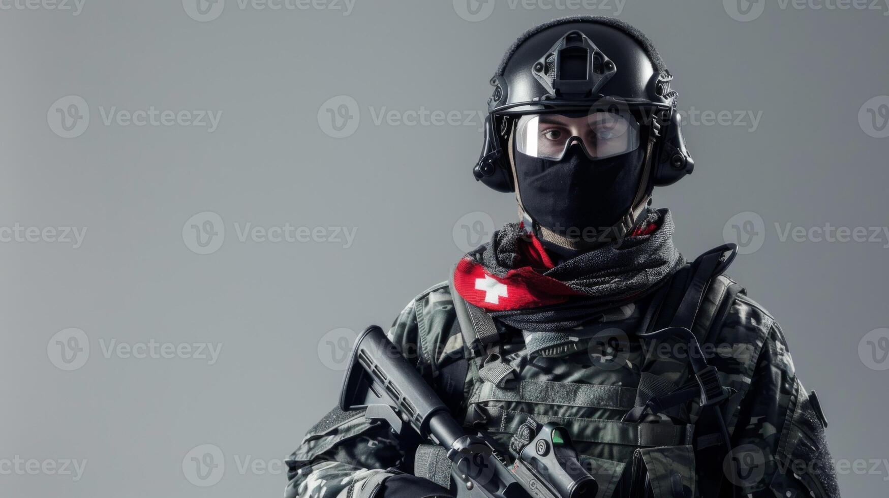 Swiss mercenary in full combat gear with helmet, tactical vest and assault rifle photo