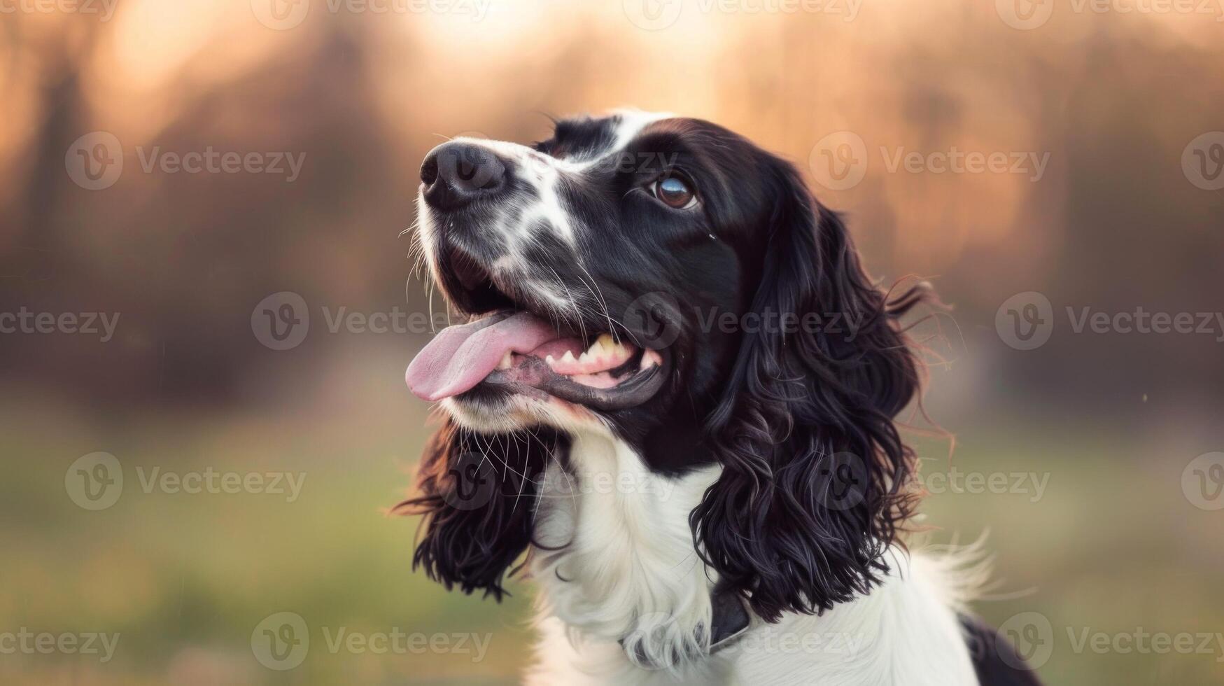 Close-up portrait of a happy English Springer Spaniel dog with tongue out and expressive eyes outdoors photo