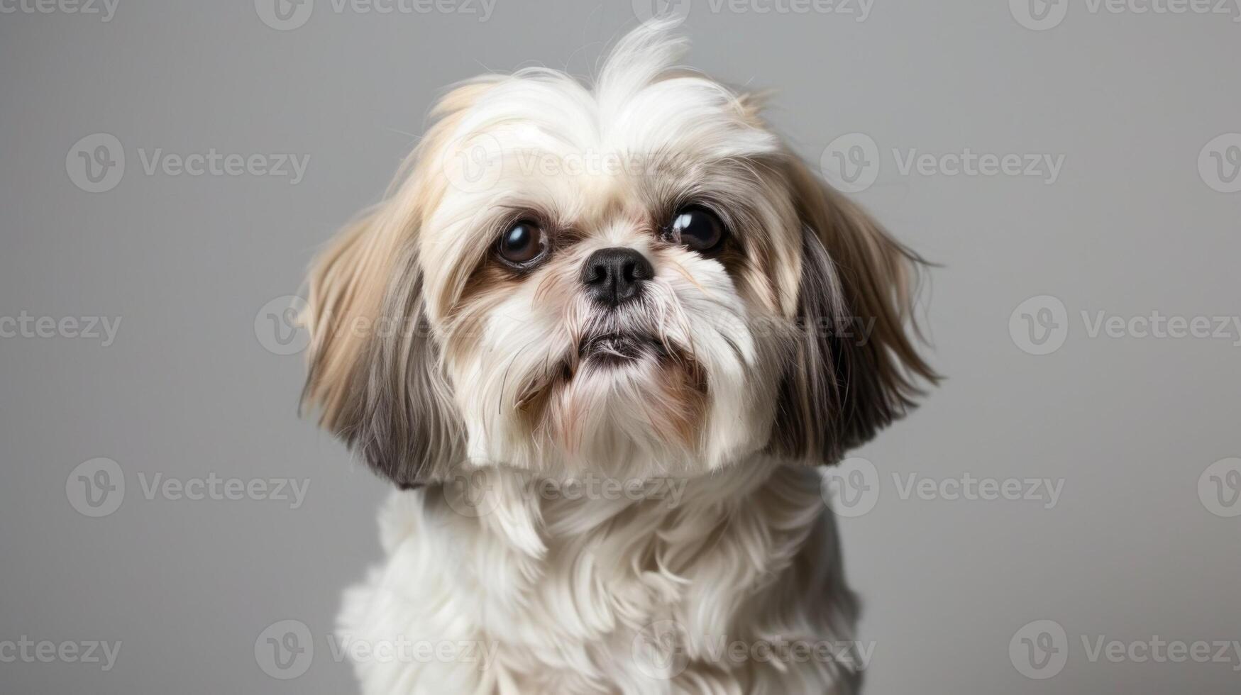 Close-up portrait of a cute Shih Tzu dog with a fluffy face and attentive eyes in a studio setting photo