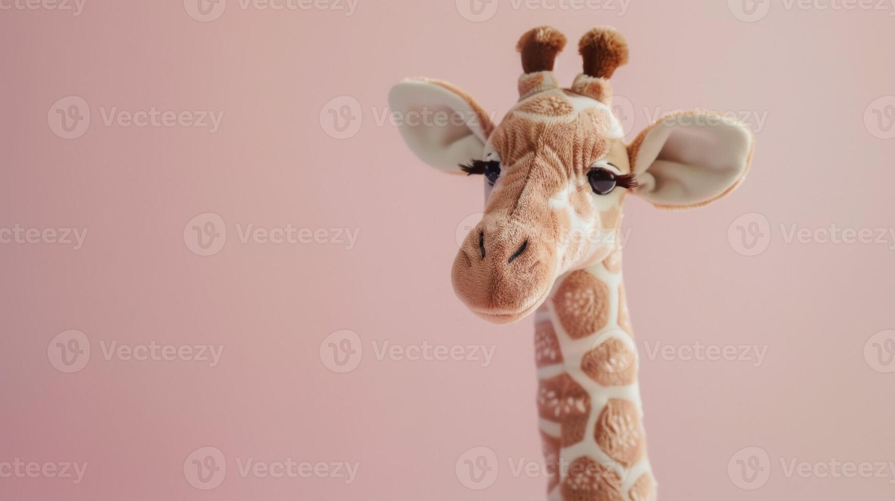 Stuffed giraffe toy with fluffy spots on a pink background adds playful charm photo