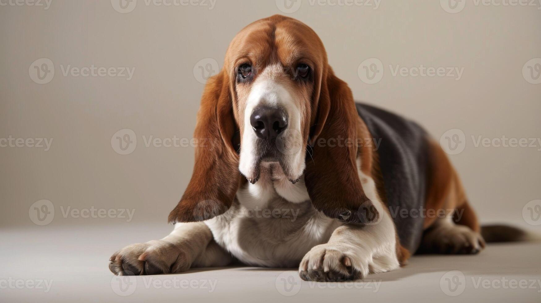 Close-up of a resting Basset Hound dog with floppy ears and a calm expression photo