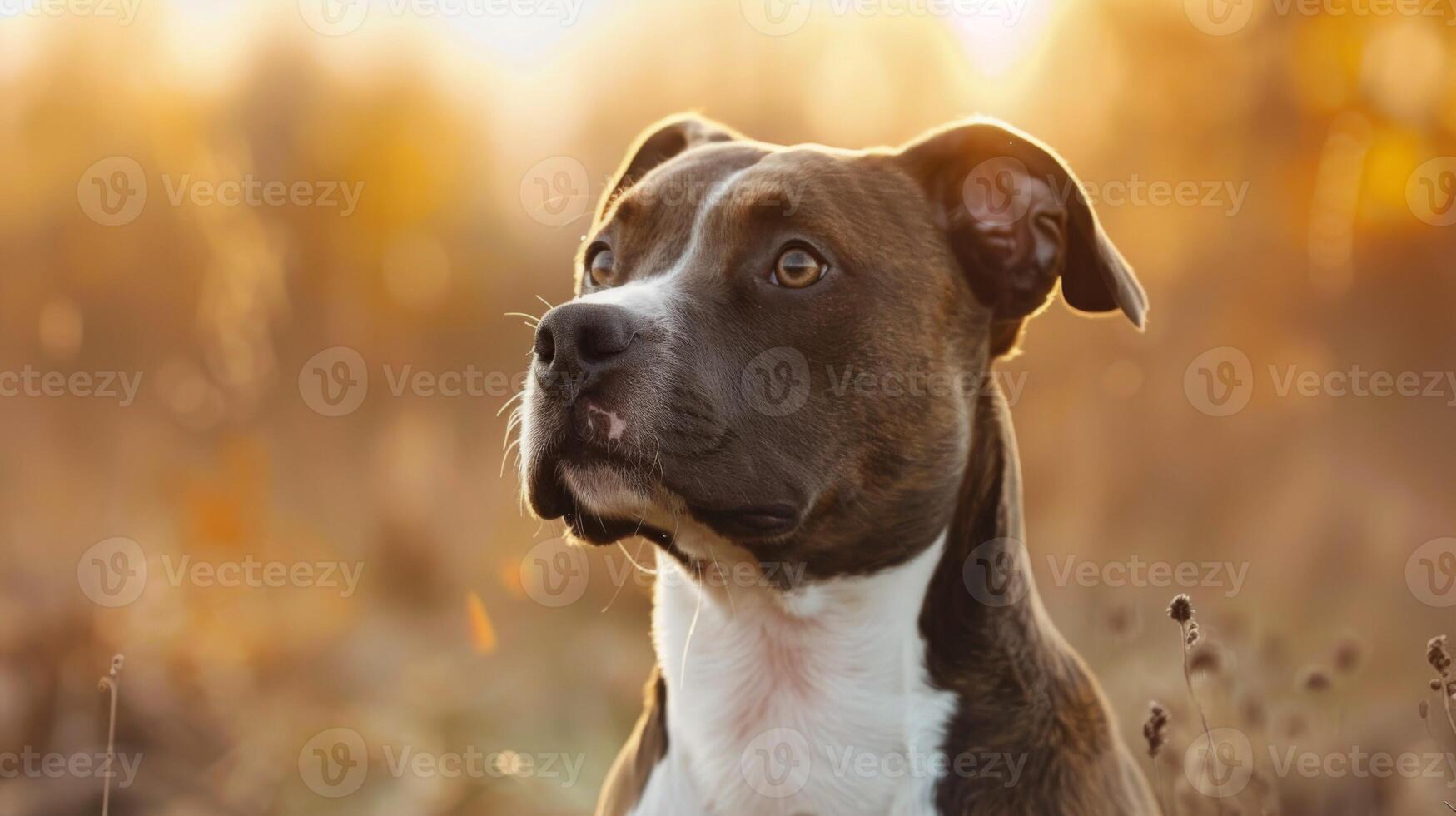 Portrait of a brown and white American Staffordshire Terrier dog in golden light photo