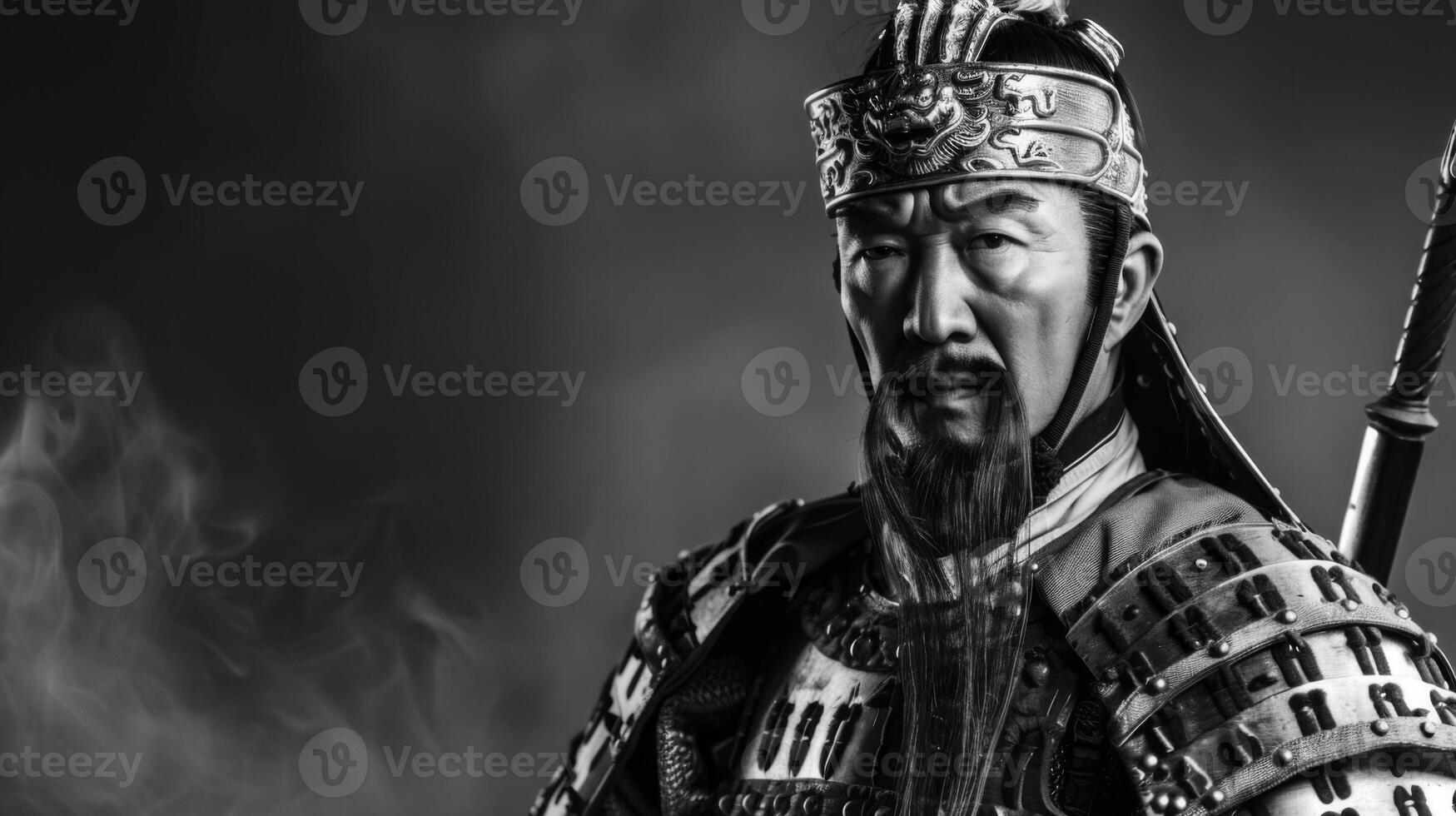 Ming warrior in traditional armor with sword exudes historical Chinese battle culture in monochrome photo