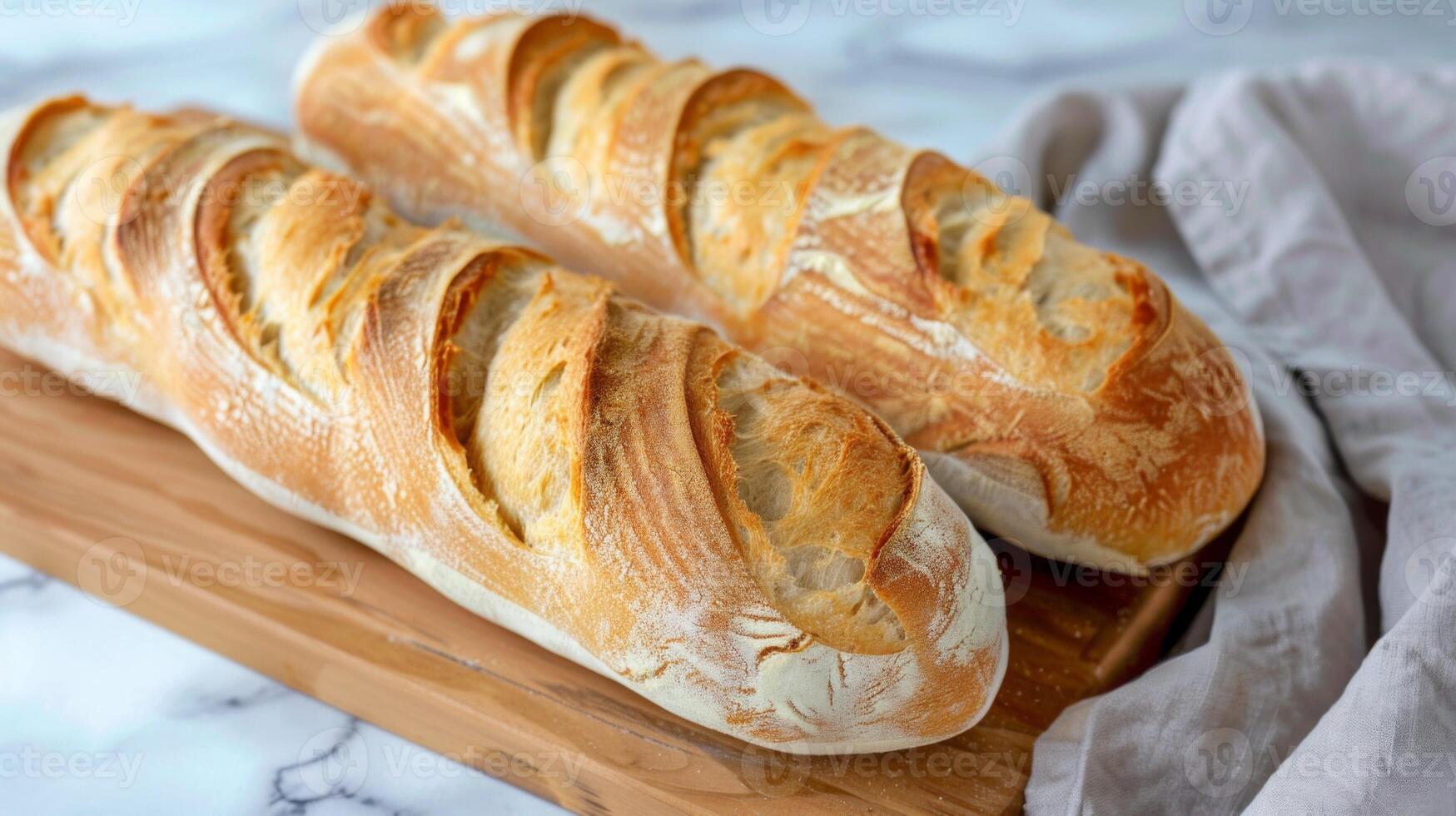 Freshly baked baguette bread on a wooden cutting board with a golden crust and flour dusting on marble background photo