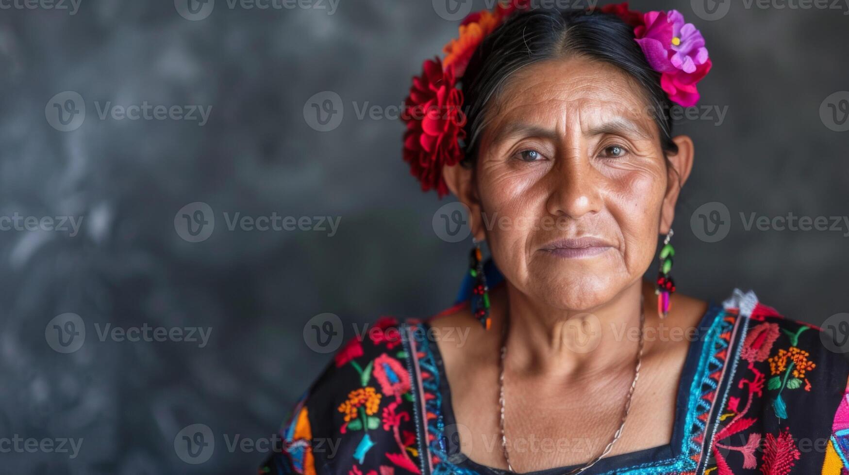 Traditional Mexican woman in embroidered dress with floral headpiece and cultural poise photo