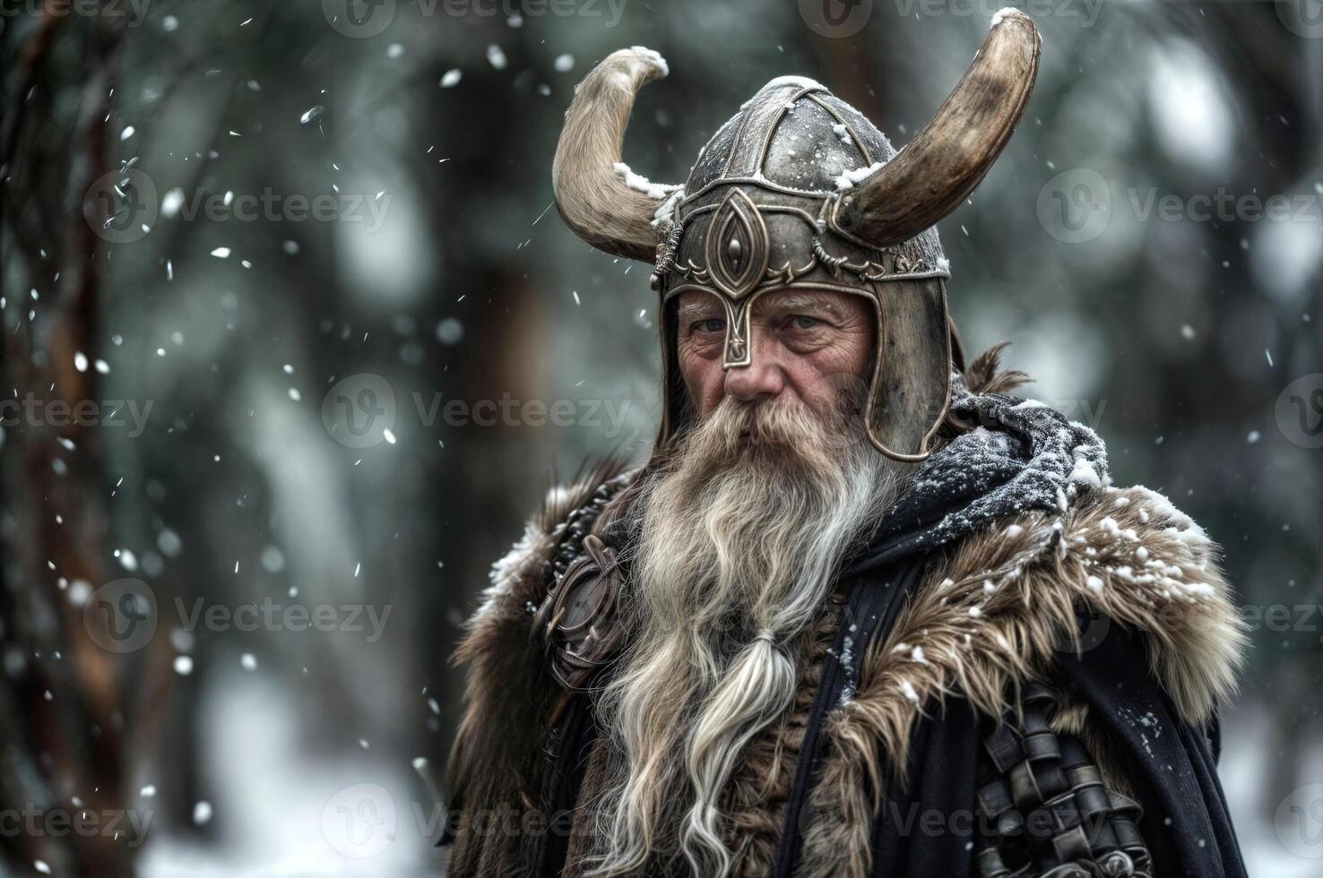 Snowfall envelopes the nordic god odin with a donning a horned helmet within a winter forest photo