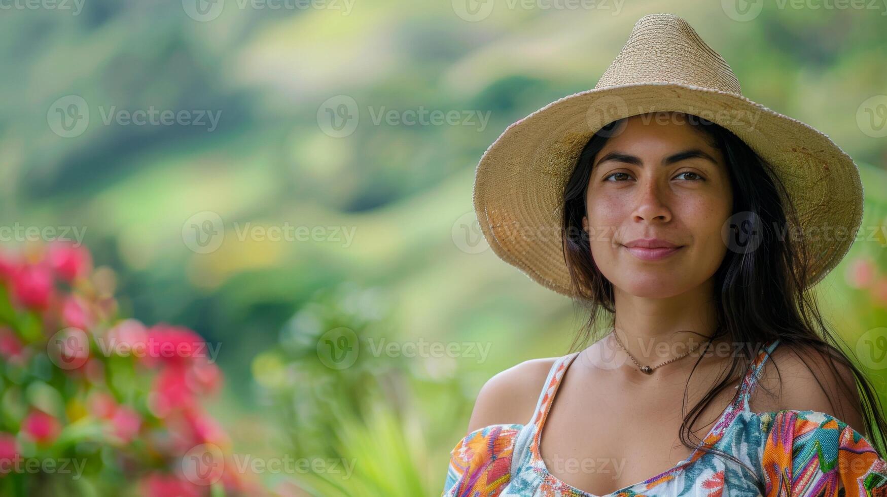 retrato de un sonriente mujer desde Colombia vistiendo un sombrero en naturaleza foto