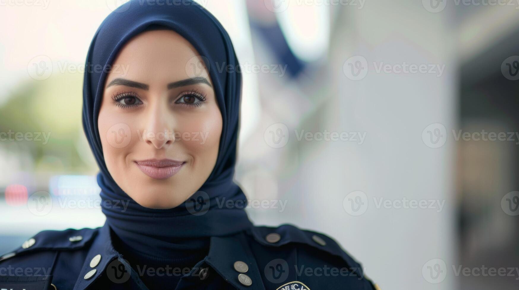 Portrait of a confident female police officer in uniform and hijab showing diversity and professionalism photo