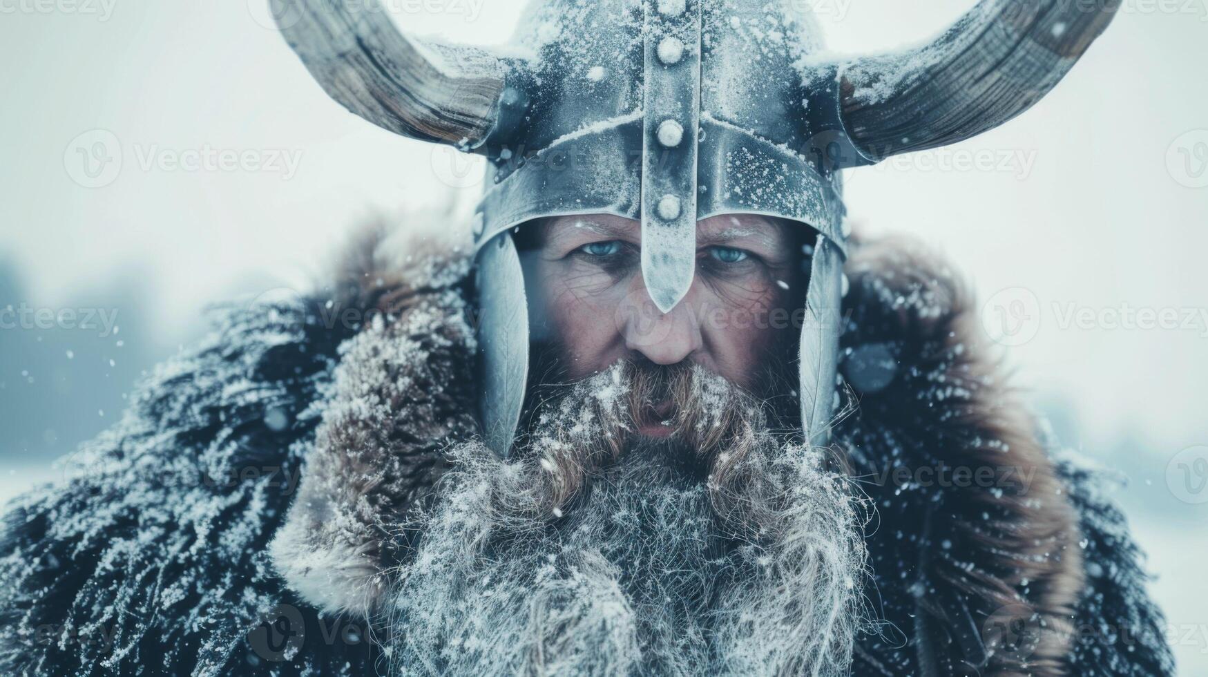 Snowy Viking warrior portrait with helmet horns beard and winter elements photo