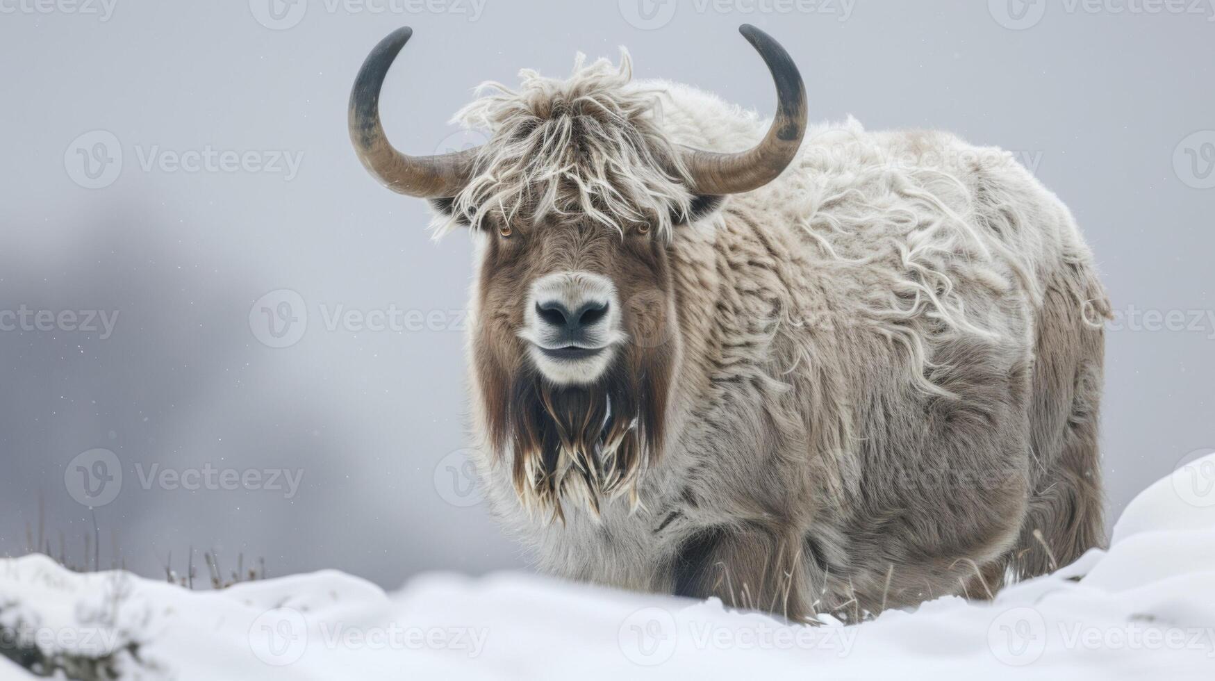 Yak in snow portrays wildlife serenity with bovid fur amidst the cold horns of winter photo