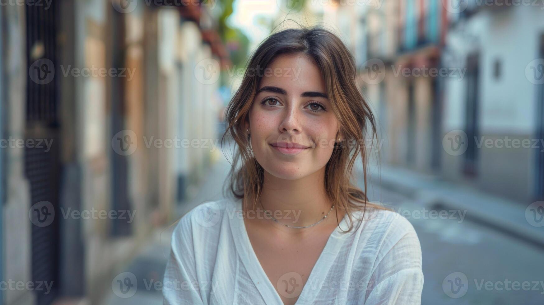 retrato de un sonriente mujer en España con casual belleza y un confidente urbano estilo de vida foto