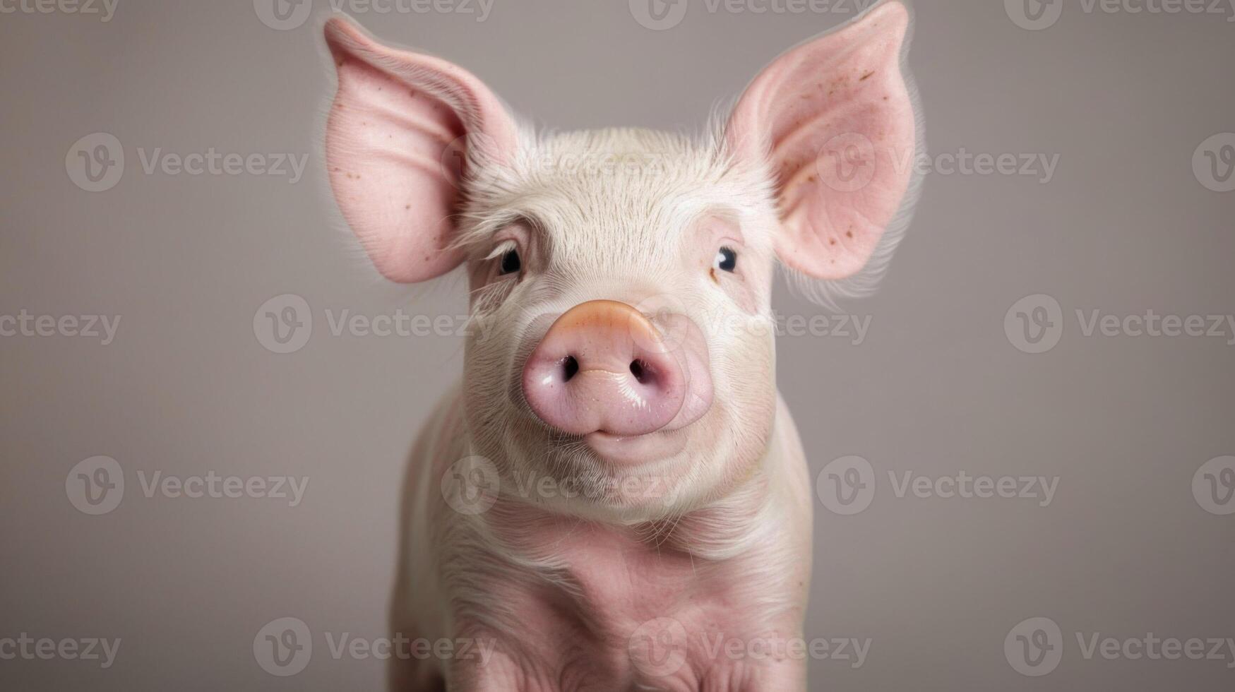 Close-up portrait of a cute pink pig with a detailed snout and fluffy ears against a neutral background photo