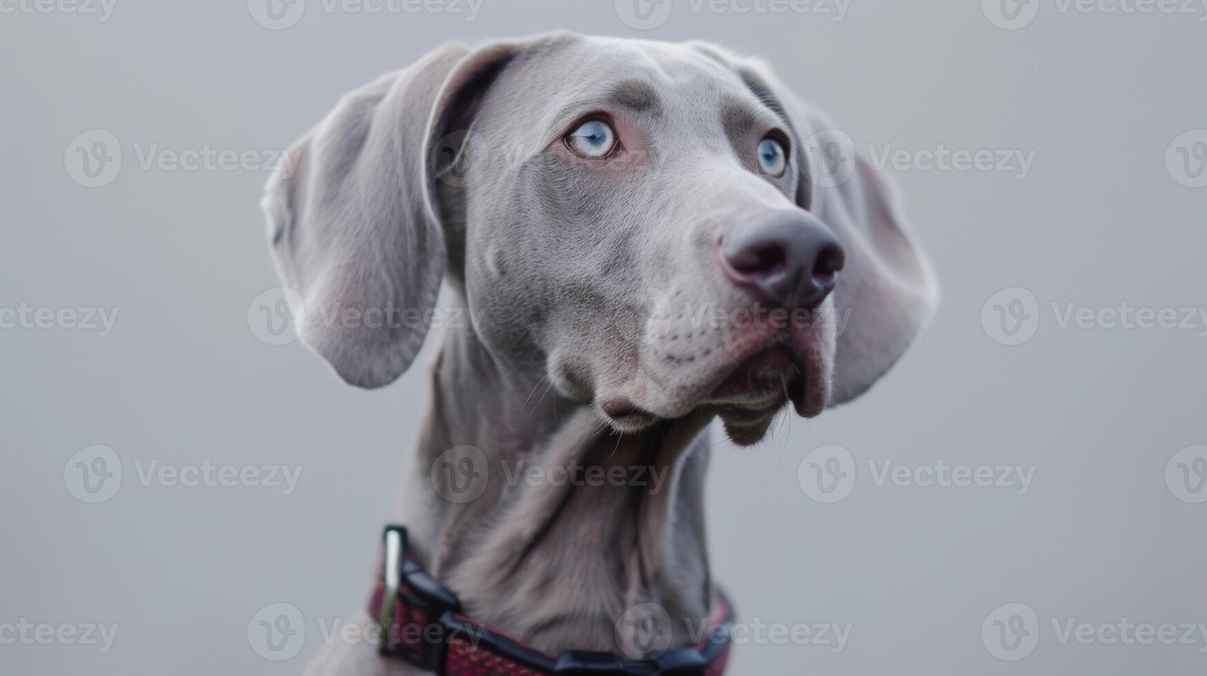 Weimaraner dog portrait with striking blue eyes and grey coat in a close-up, showing depth of field and narrow focus photo