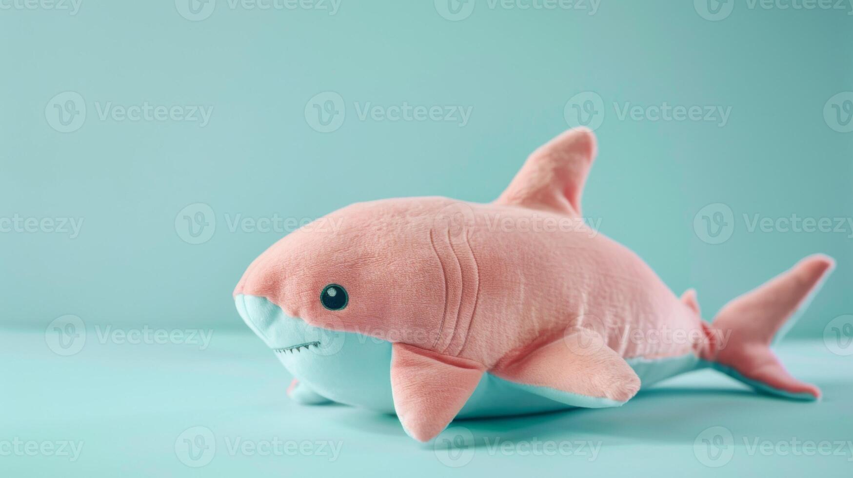 Plush shark toy in pink on a soft turquoise background with close-up detail photo