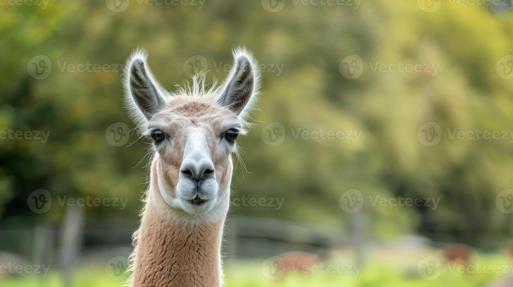 retrato de un llama en naturaleza de cerca con suave piel y curioso ojos en un sereno día foto