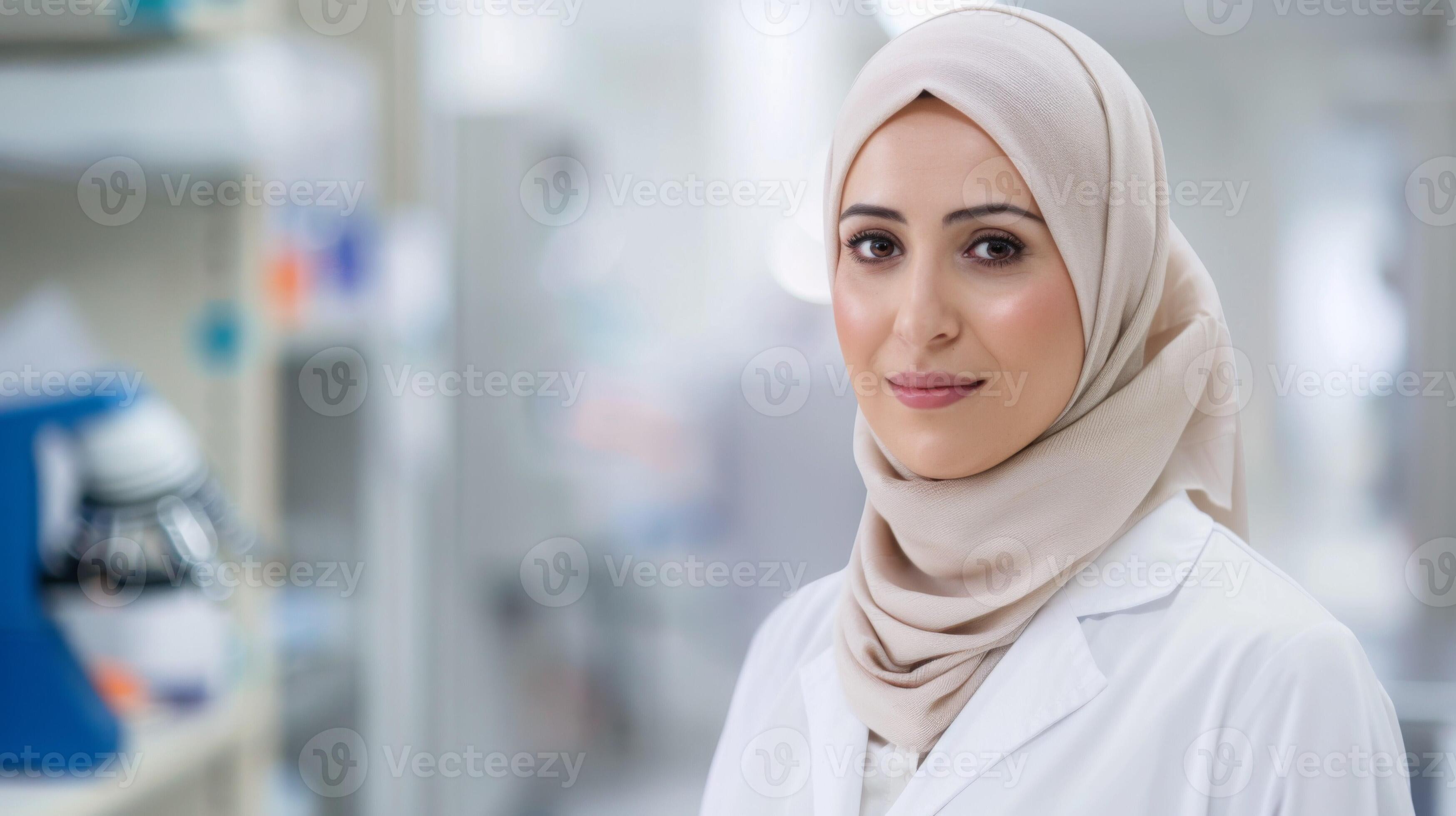 Confident female researcher in hijab smiles in a wellequipped