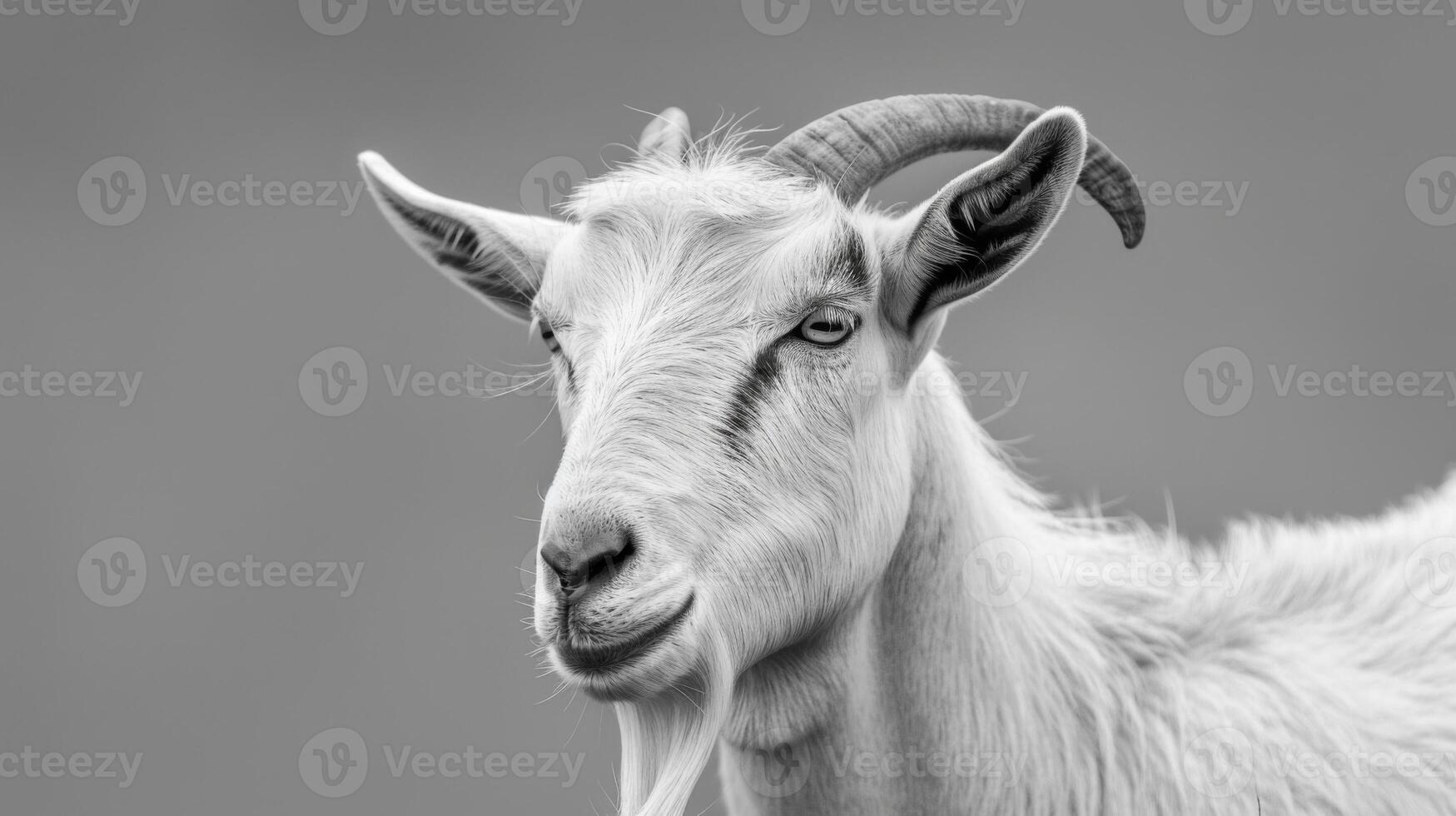 blanco y negro cabra retrato exhibiendo cuernos, pelo, y sereno mirada en naturaleza foto