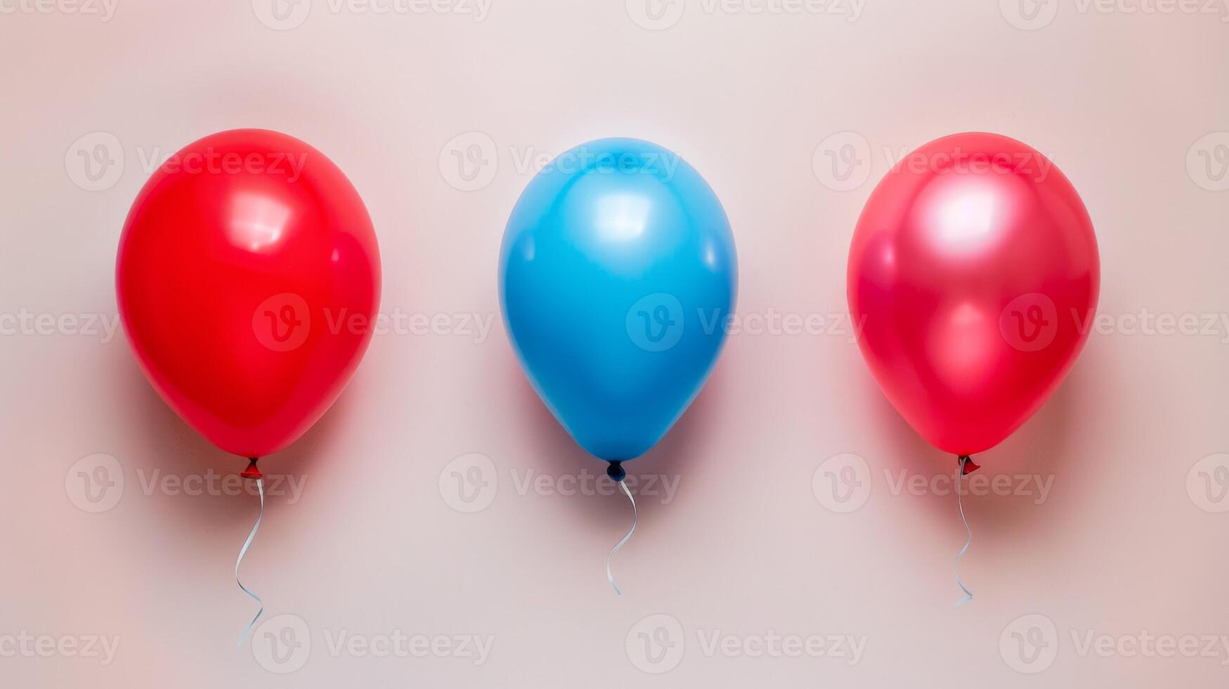 Three colorful balloons in red and blue floating against a pink pastel background for party celebration photo