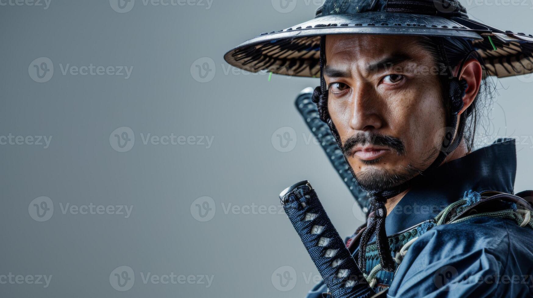 Intense portrait of a Samurai warrior in traditional Japanese armor wielding a katana photo