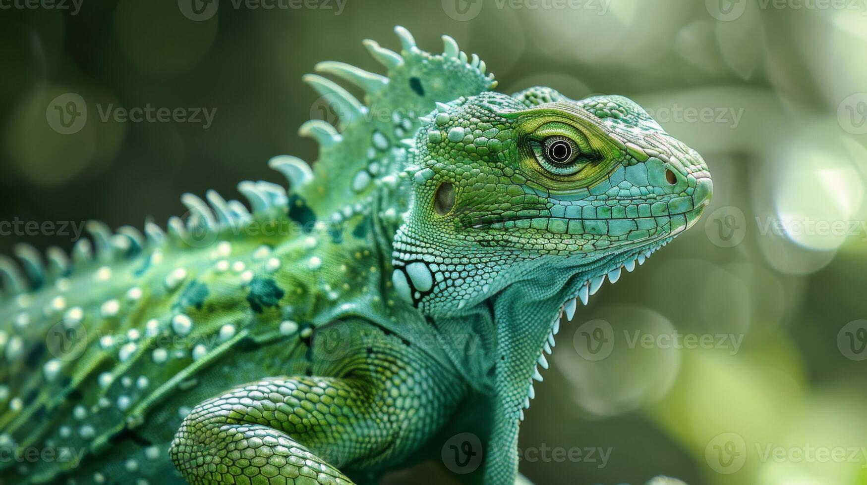 Close-up of a green iguana with textured scales and wildlife nature elements in narrow depth of field photo