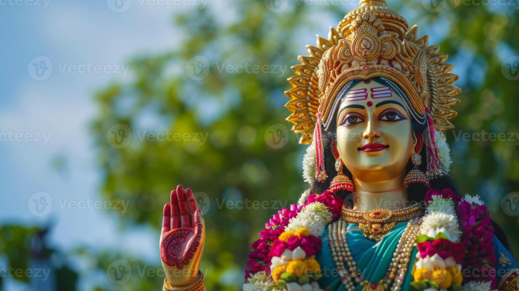 Parvati Hindu deity statue with divine cultural and religious significance adorned in festival attire photo