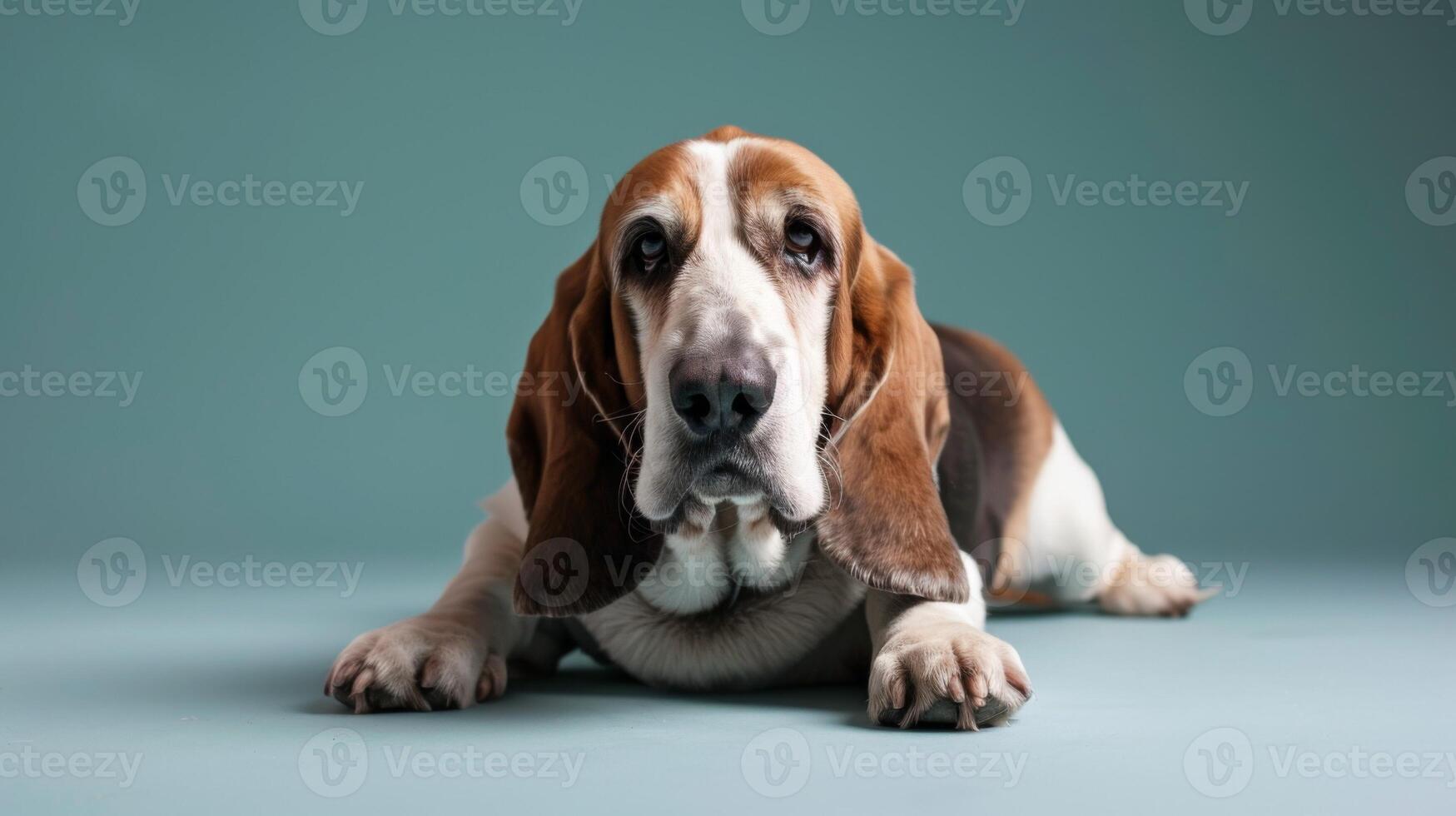 Basset Hound dog with long floppy ears and sad eyes in a close-up studio portrait photo