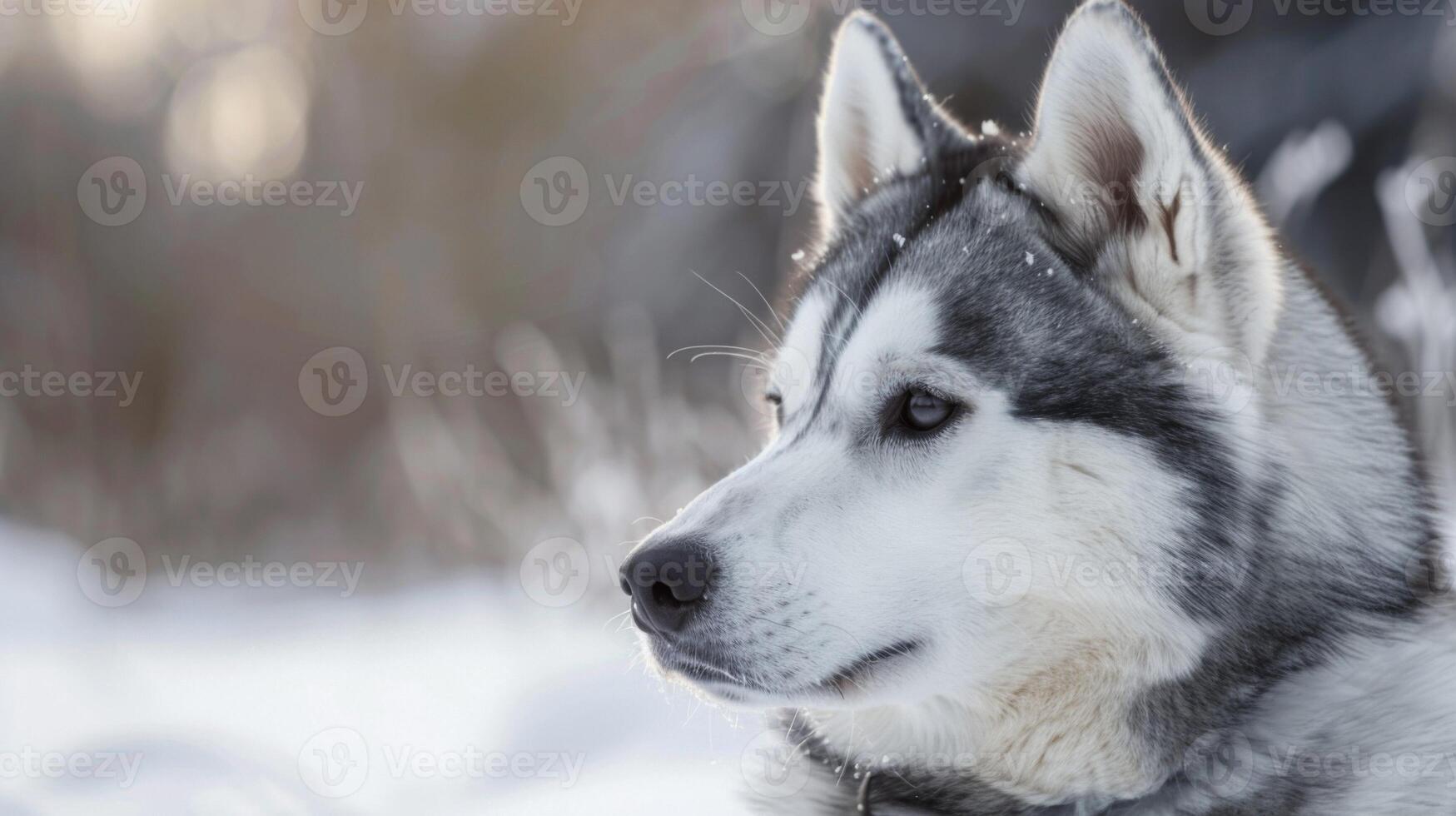 Portrait of an Akita dog in the winter snow with a serene and majestic side view photo