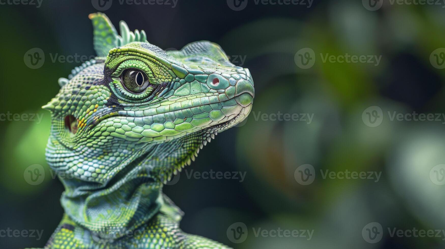 Close-up of a green basilisk lizard with detailed scales and vibrant eyes in a natural setting photo