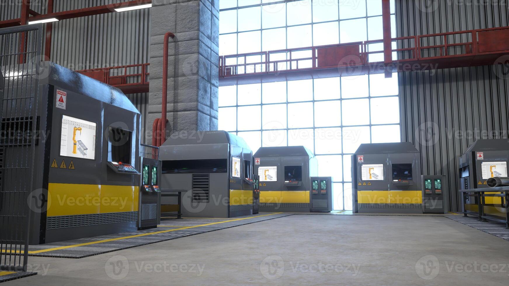 Modern automated factory with machines featuring control panels and touchscreens used for real time adjustments for optimal production efficiency. Rows of CNC machinery units in warehouse, 3D render photo