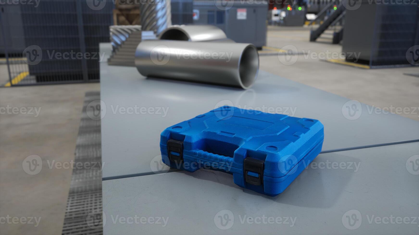 Focus on toolbox in blurry background facility used for energy efficient warehousing handling distribution and storage needs of businesses, 3D render. Close up of toolkit on workbench in logistics hub photo