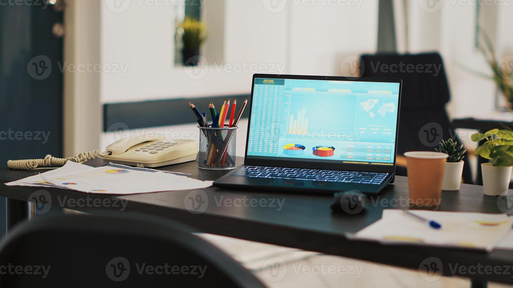 Financial stock market diagrams with charts and stock figures on laptop showing profits and losses over time dynamically. Changing trading index listings displayed on notebook screen in office photo