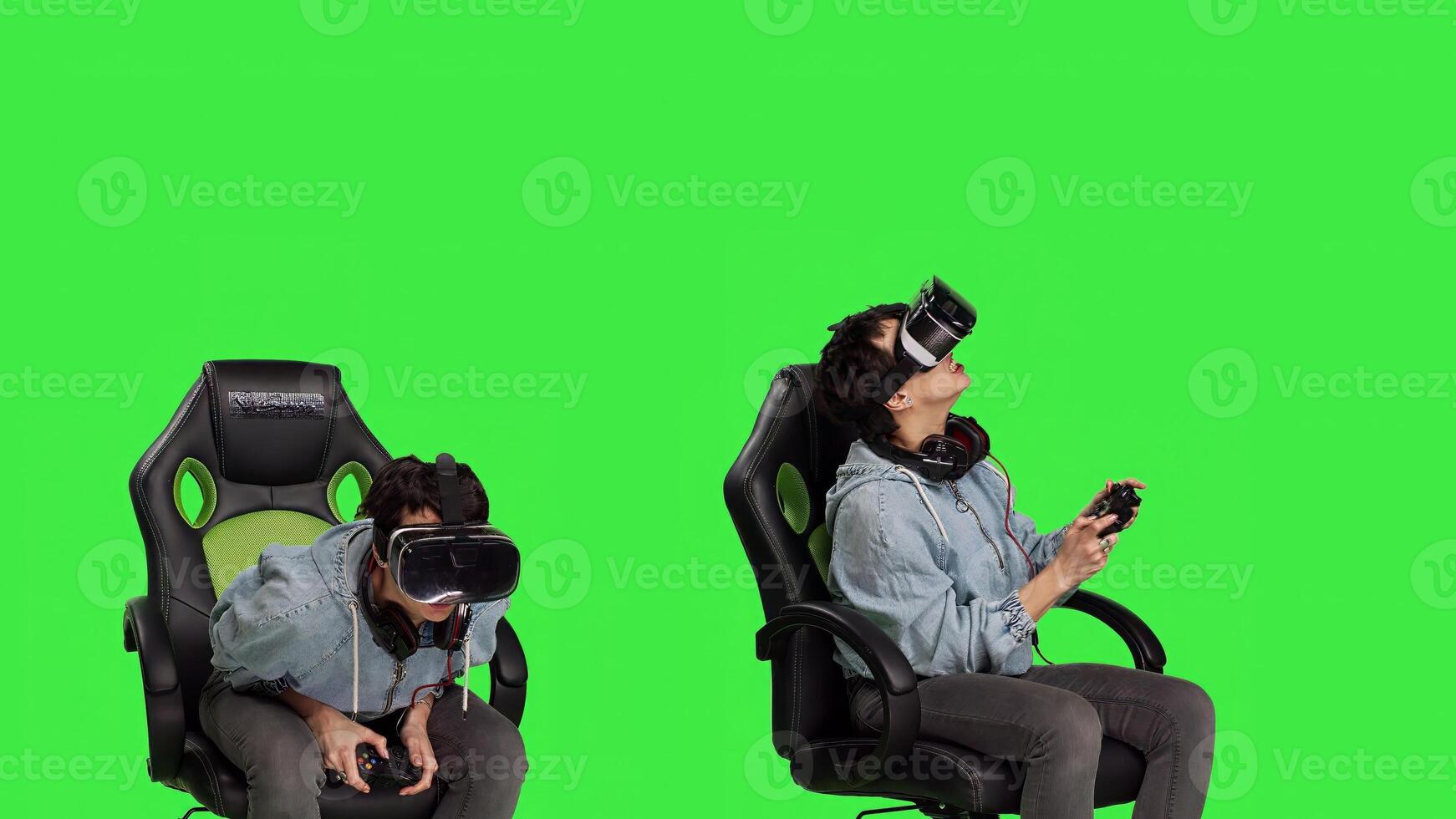 Sad woman losing games e sport tournament with vr glasses, playing online competition using controller and 3d virtual reality interactive headset against greenscreen. Angry gamer. Camera B. photo